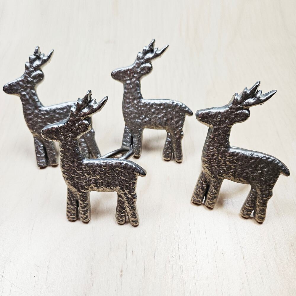 Lot of 4 Silver Metal Christmas Reindeer Napkin Rings Holders Holiday Dining